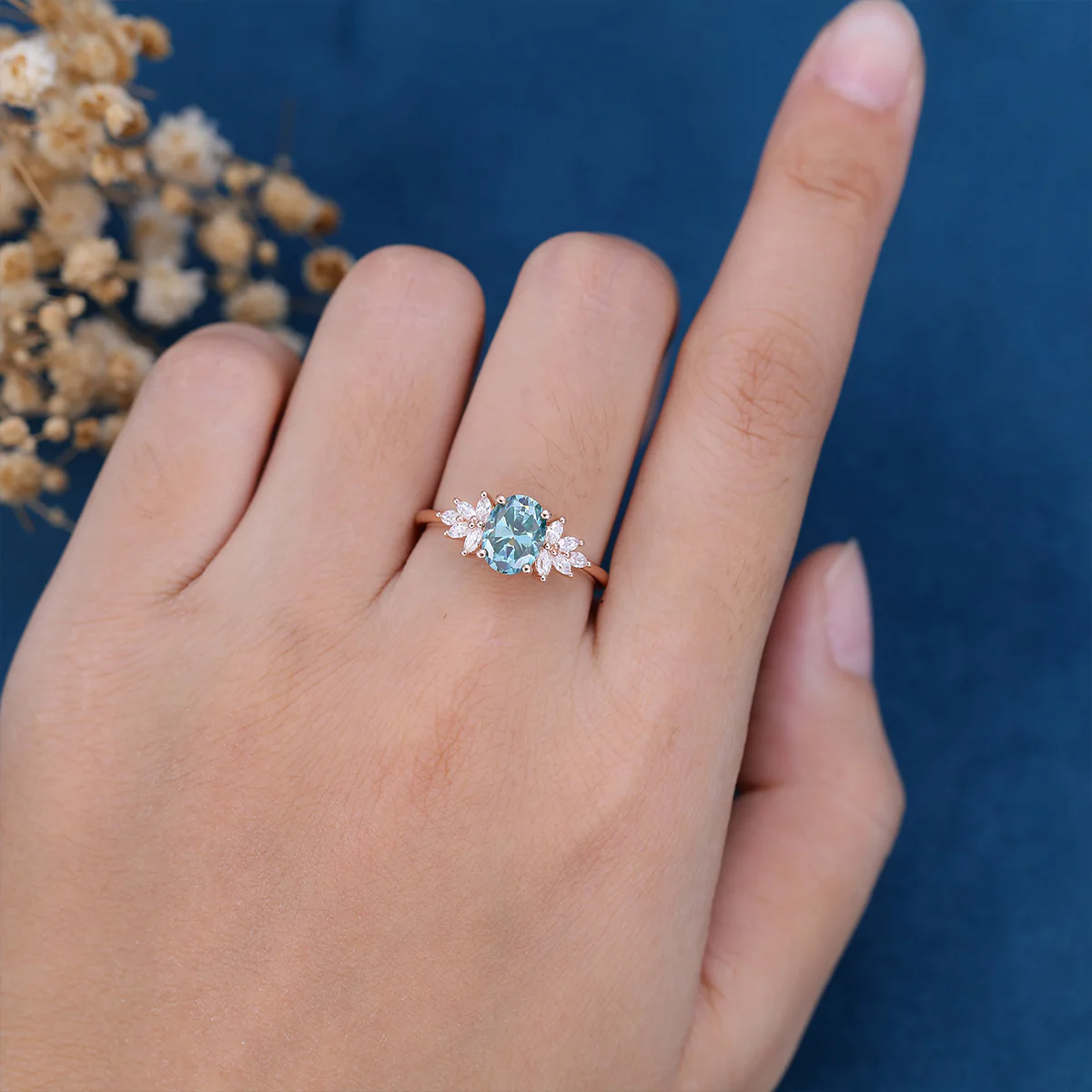 Oval cut Green Moissanite Cluster Engagement Ring - Image 6