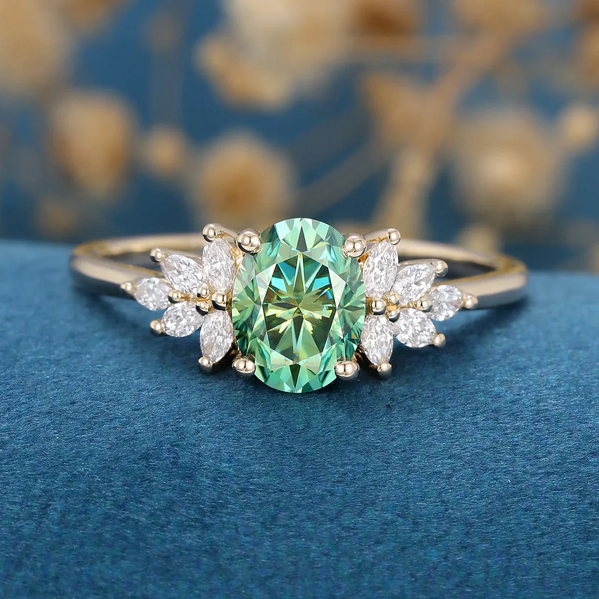 Oval cut Green Moissanite Cluster Engagement Ring - Image 7