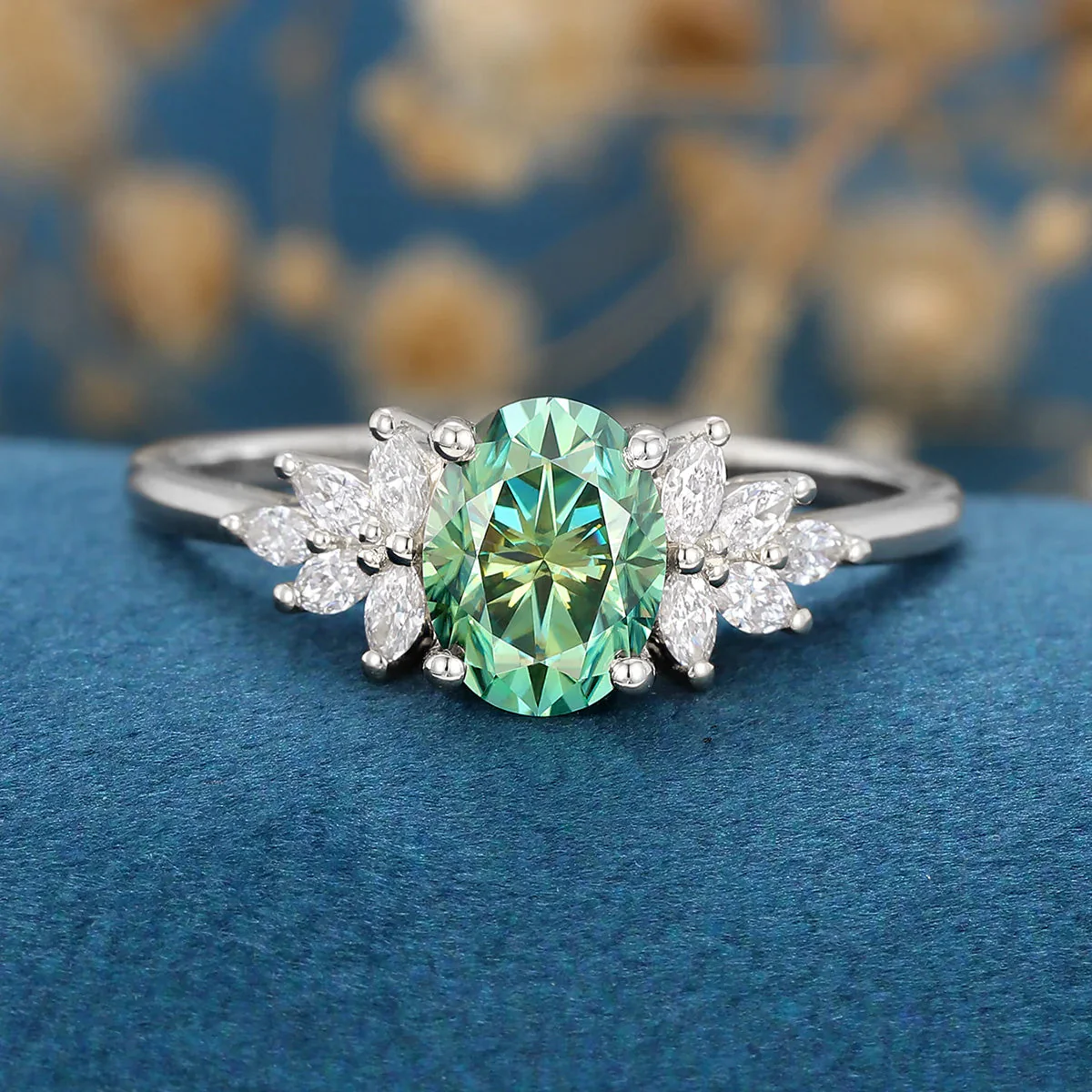 Oval cut Green Moissanite Cluster Engagement Ring - Image 8