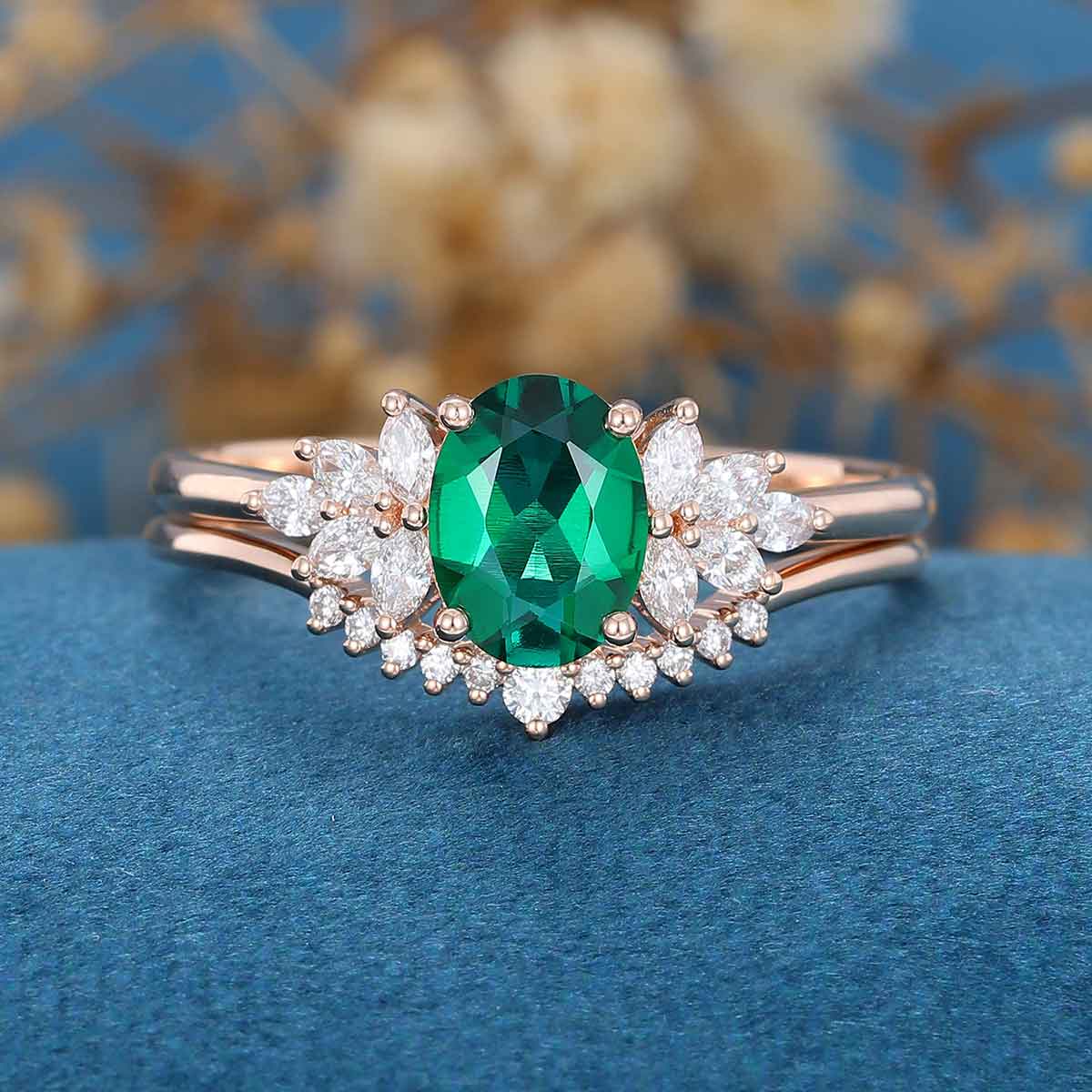 Oval cut Lab Emerald Cluster Bridal Set - Image 4