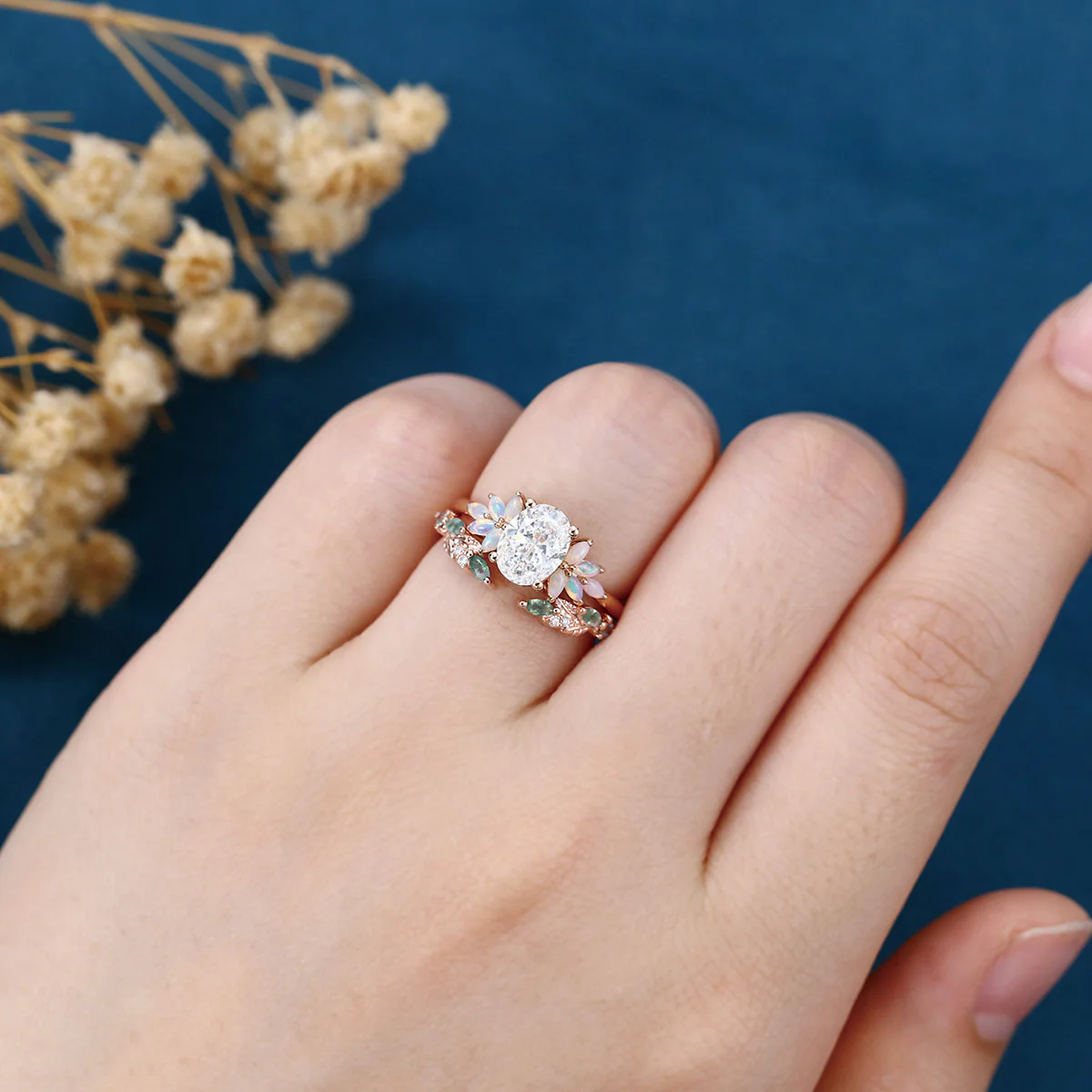 Oval cut Lab-Grown Diamond Engagement ring +Moss agate Wedding Bridal set - Image 2
