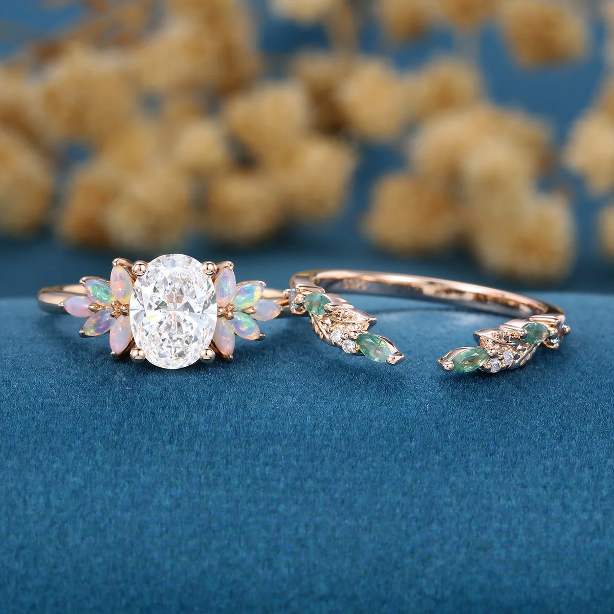 Oval cut Lab-Grown Diamond Engagement ring +Moss agate Wedding Bridal set - Image 3