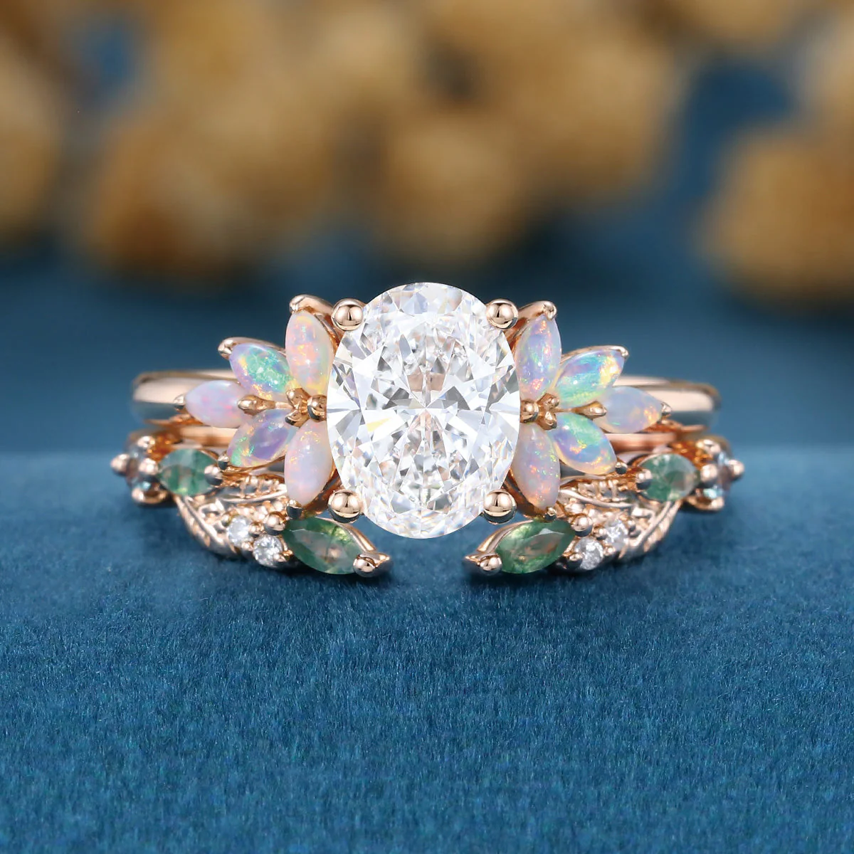 Oval cut Lab-Grown Diamond Engagement ring +Moss agate Wedding Bridal set - Image 4