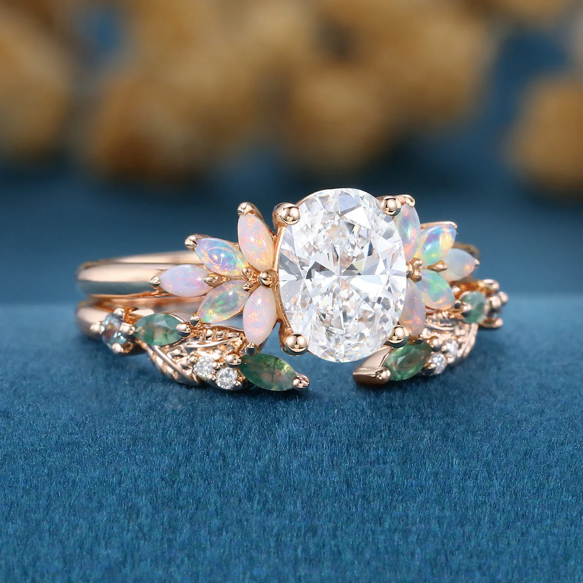 Oval cut Lab-Grown Diamond Engagement ring +Moss agate Wedding Bridal set - Image 5