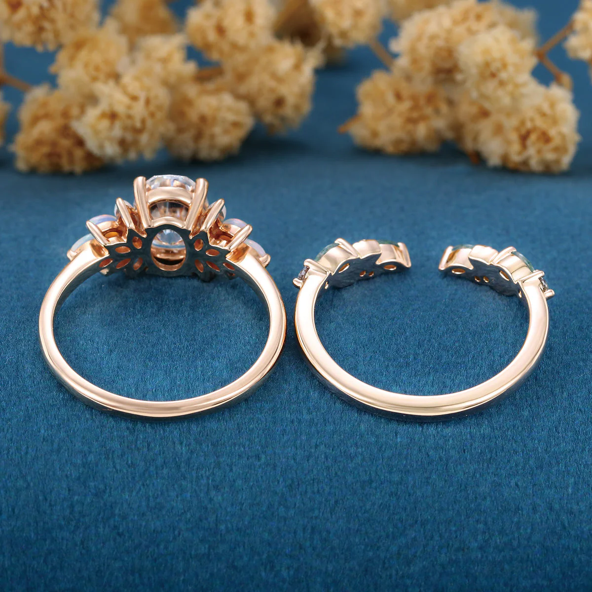 Oval cut Lab-Grown Diamond Engagement ring +Moss agate Wedding Bridal set - Image 7