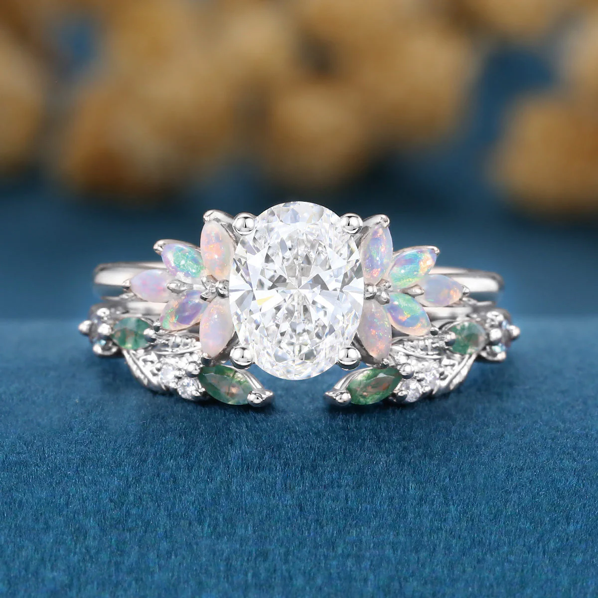 Oval cut Lab-Grown Diamond Engagement ring +Moss agate Wedding Bridal set - Image 8