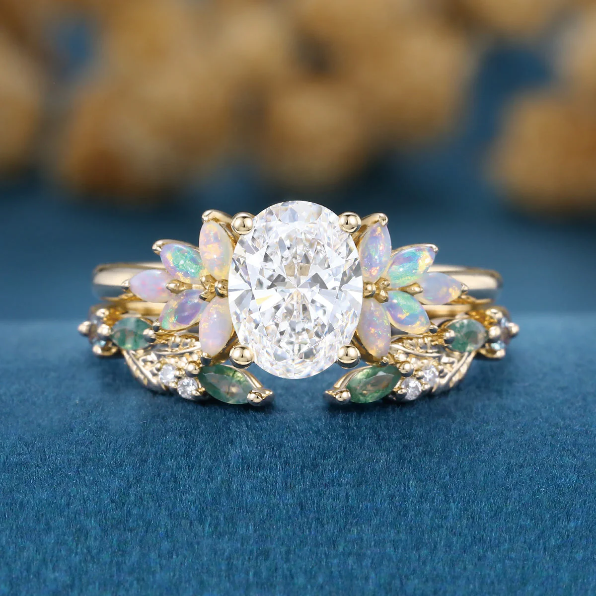 Oval cut Lab-Grown Diamond Engagement ring +Moss agate Wedding Bridal set - Image 9
