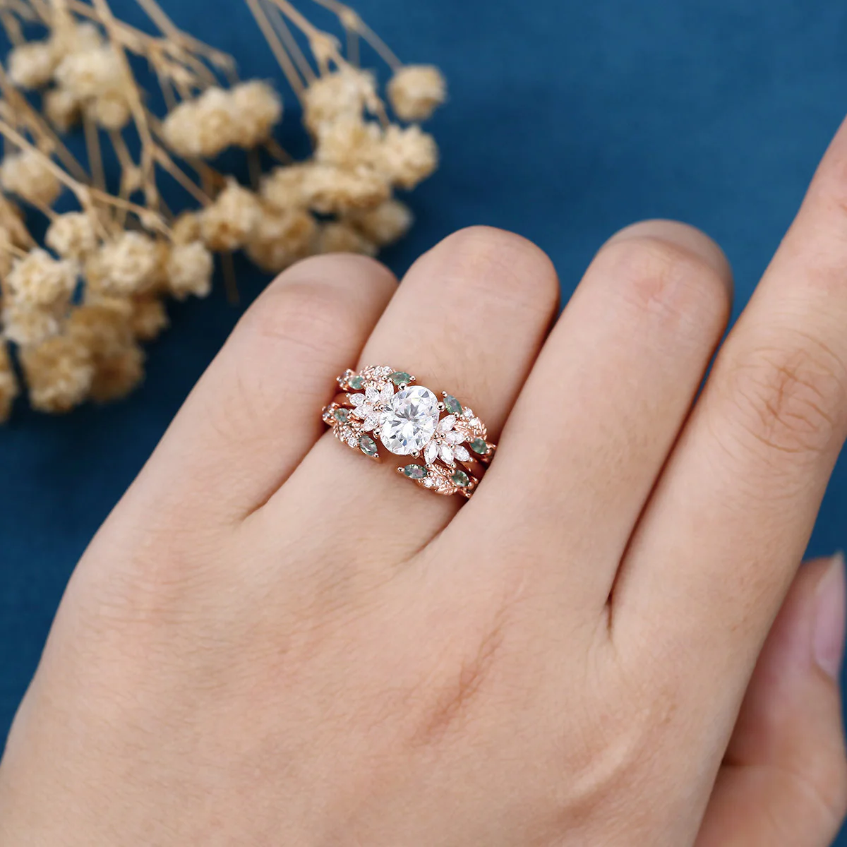 Oval cut Lab Grown Diamond + Moss agate Wedding bridal set - Image 2