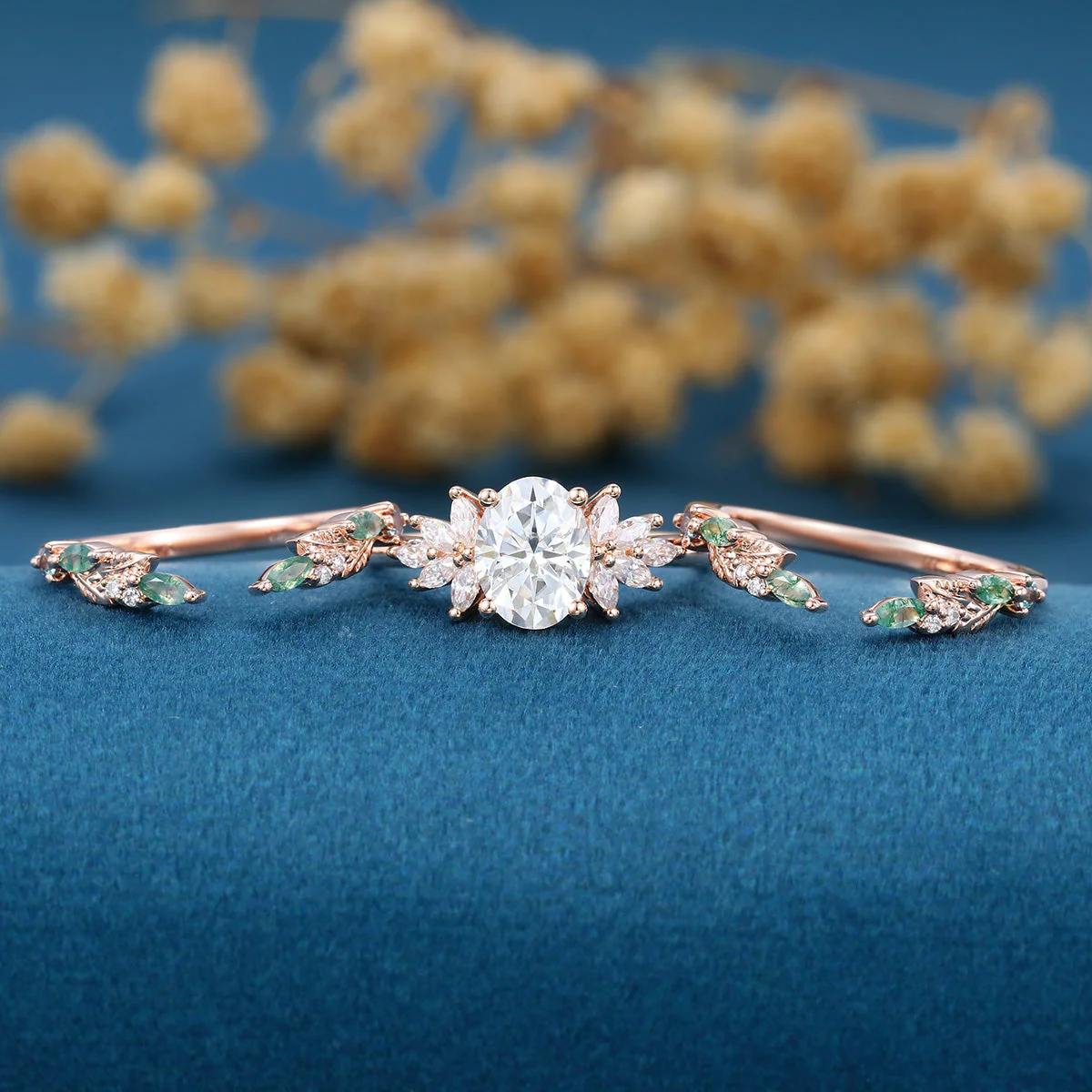 Oval cut Lab Grown Diamond + Moss agate Wedding bridal set - Image 3