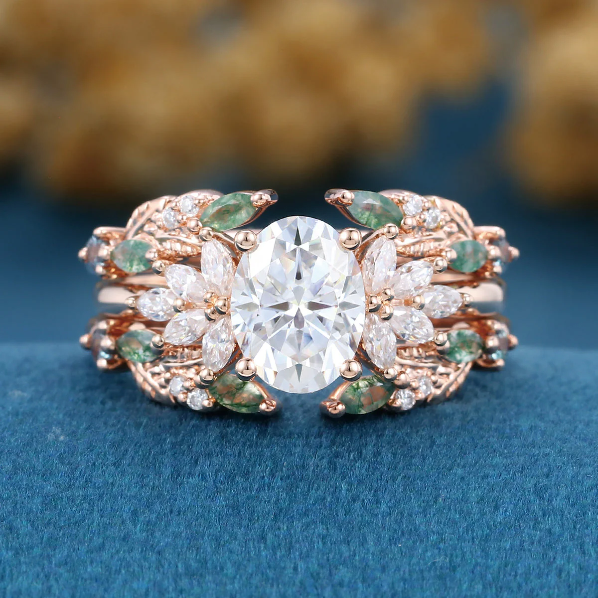 Oval cut Lab Grown Diamond + Moss agate Wedding bridal set - Image 4