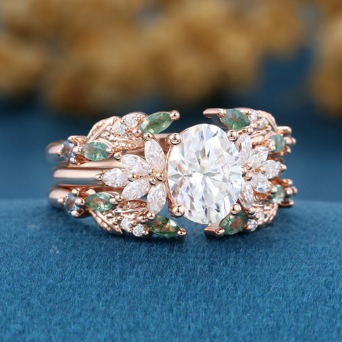Oval cut Lab Grown Diamond + Moss agate Wedding bridal set - Image 5