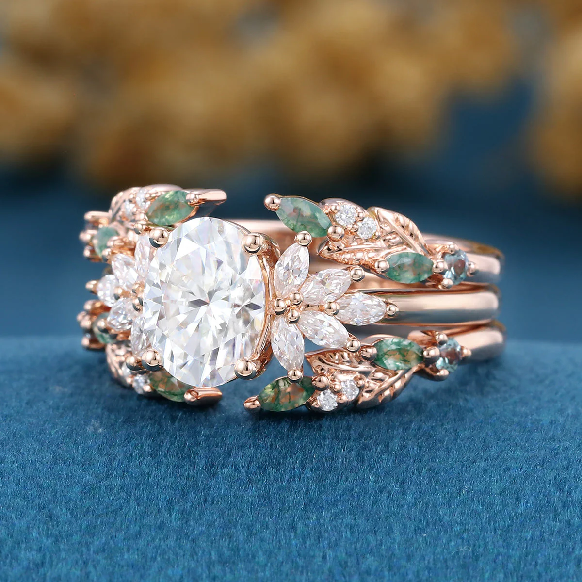 Oval cut Lab Grown Diamond + Moss agate Wedding bridal set - Image 6