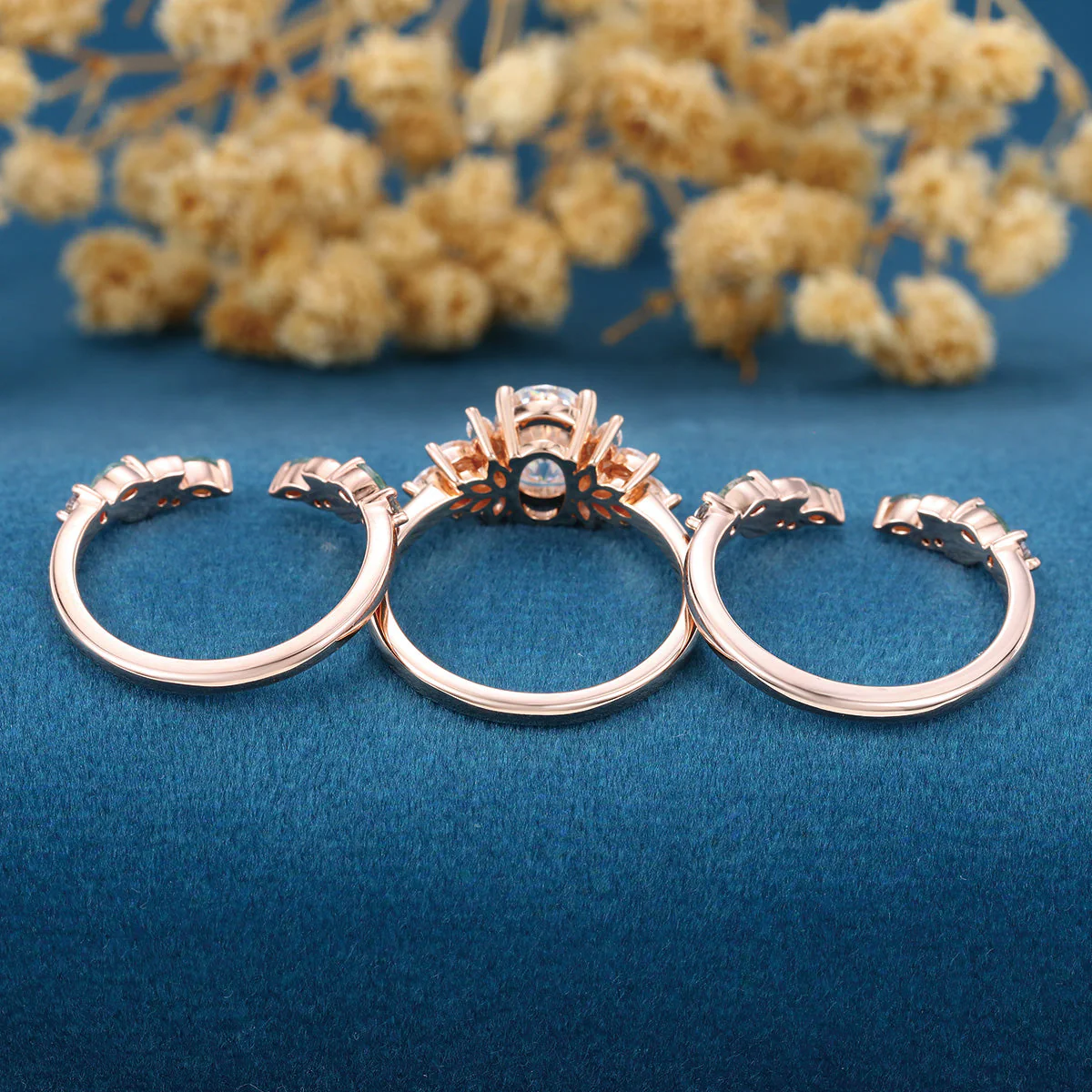 Oval cut Lab Grown Diamond + Moss agate Wedding bridal set - Image 7