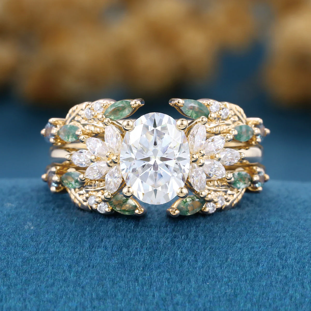 Oval cut Lab Grown Diamond + Moss agate Wedding bridal set - Image 9