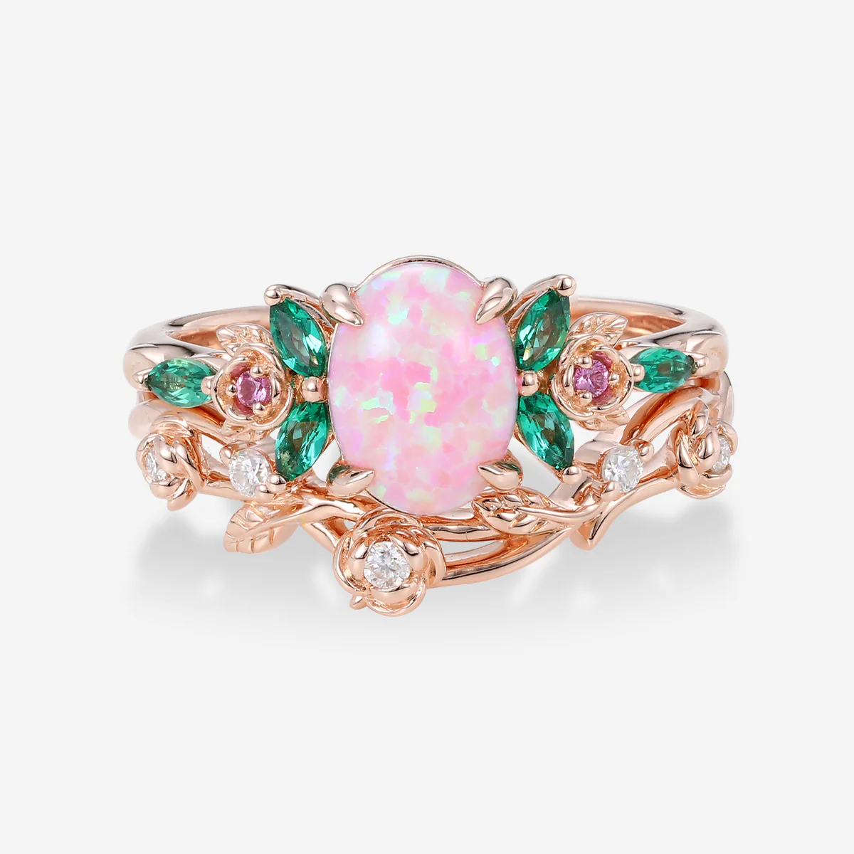 Oval cut Lab emeralds | Natural pink sapphire Curved Wedding Band Ring