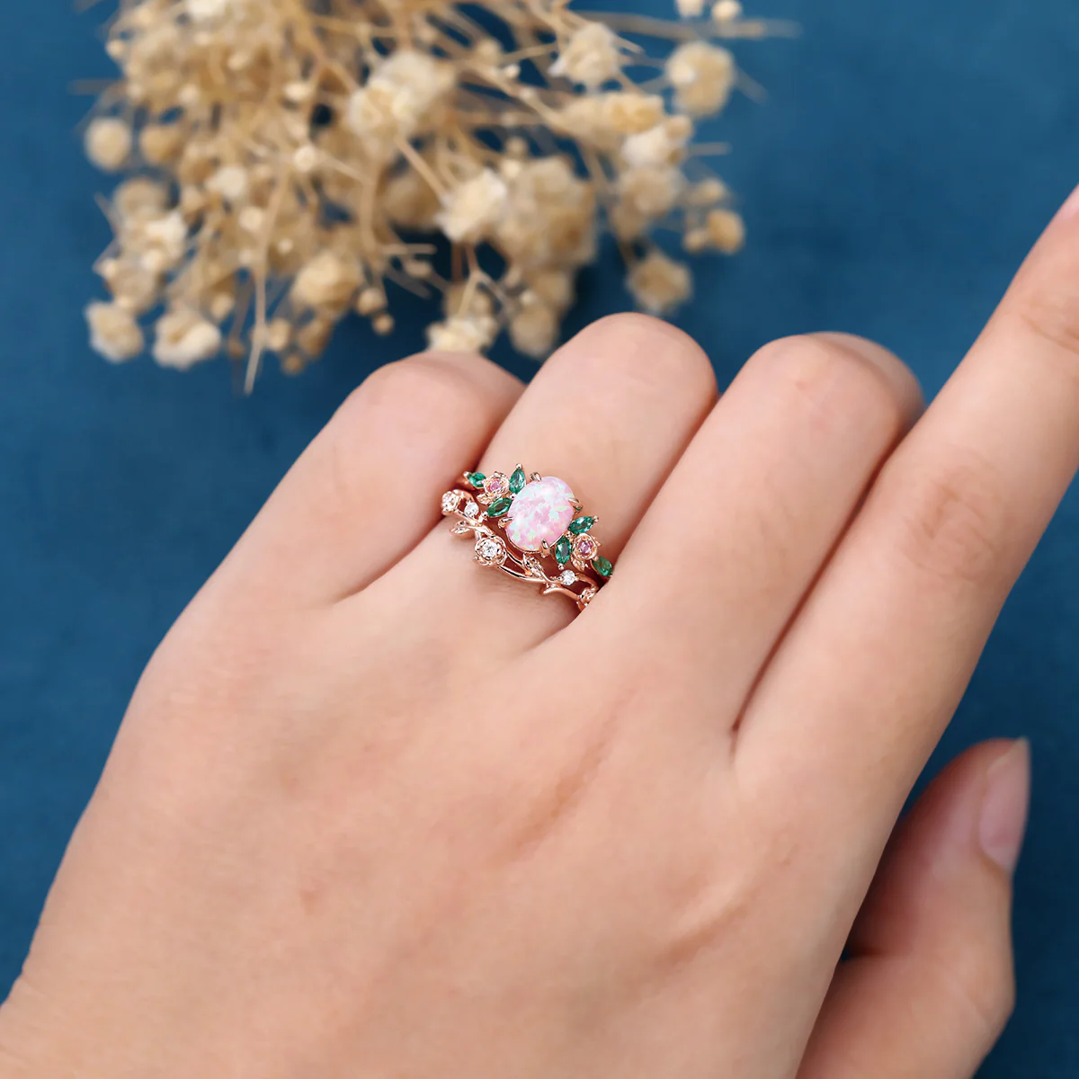 Oval cut Lab emeralds | Natural pink sapphire Curved Wedding Band Ring - Image 2