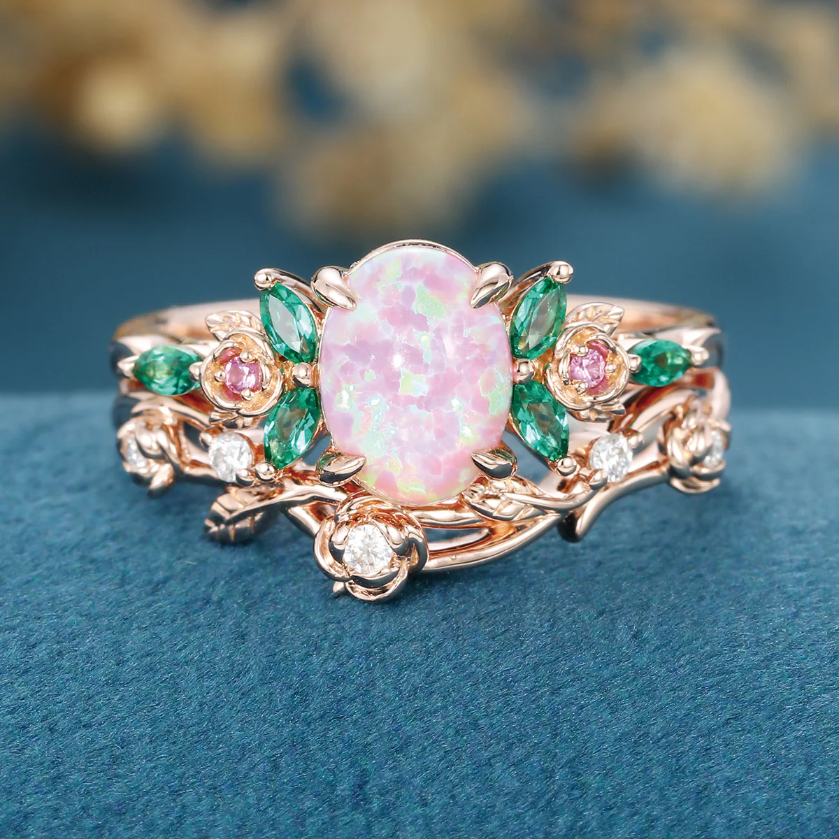 Oval cut Lab emeralds | Natural pink sapphire Curved Wedding Band Ring - Image 3
