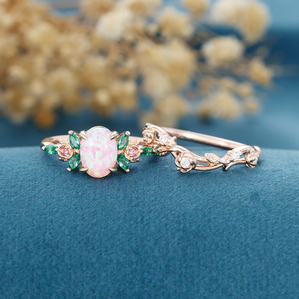Oval cut Lab emeralds | Natural pink sapphire Curved Wedding Band Ring - Image 4