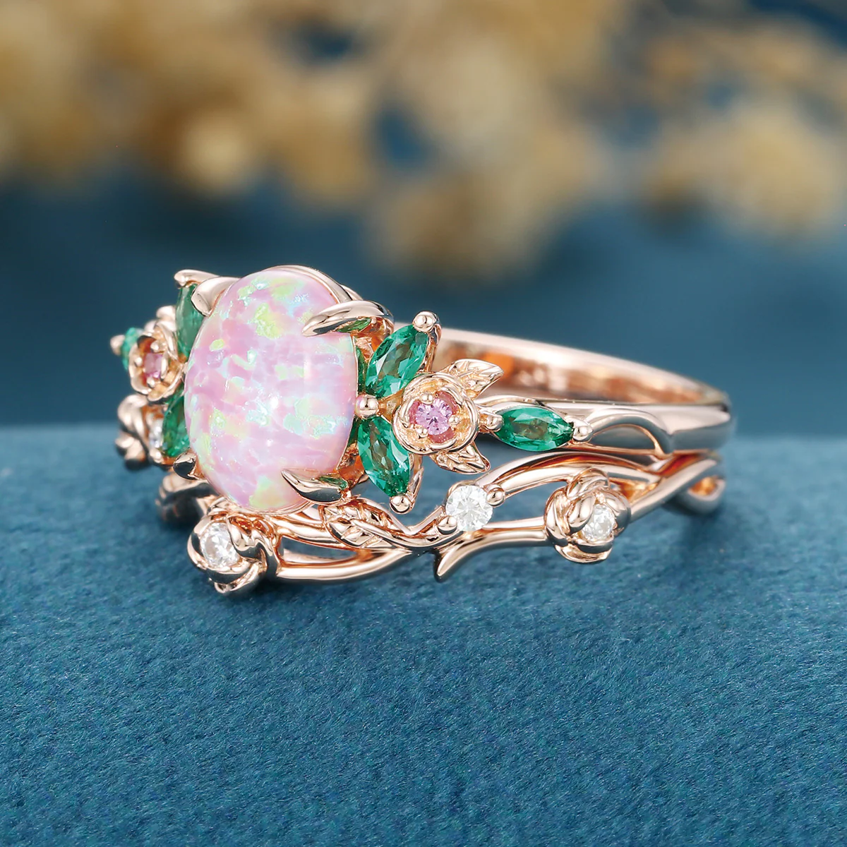 Oval cut Lab emeralds | Natural pink sapphire Curved Wedding Band Ring - Image 5