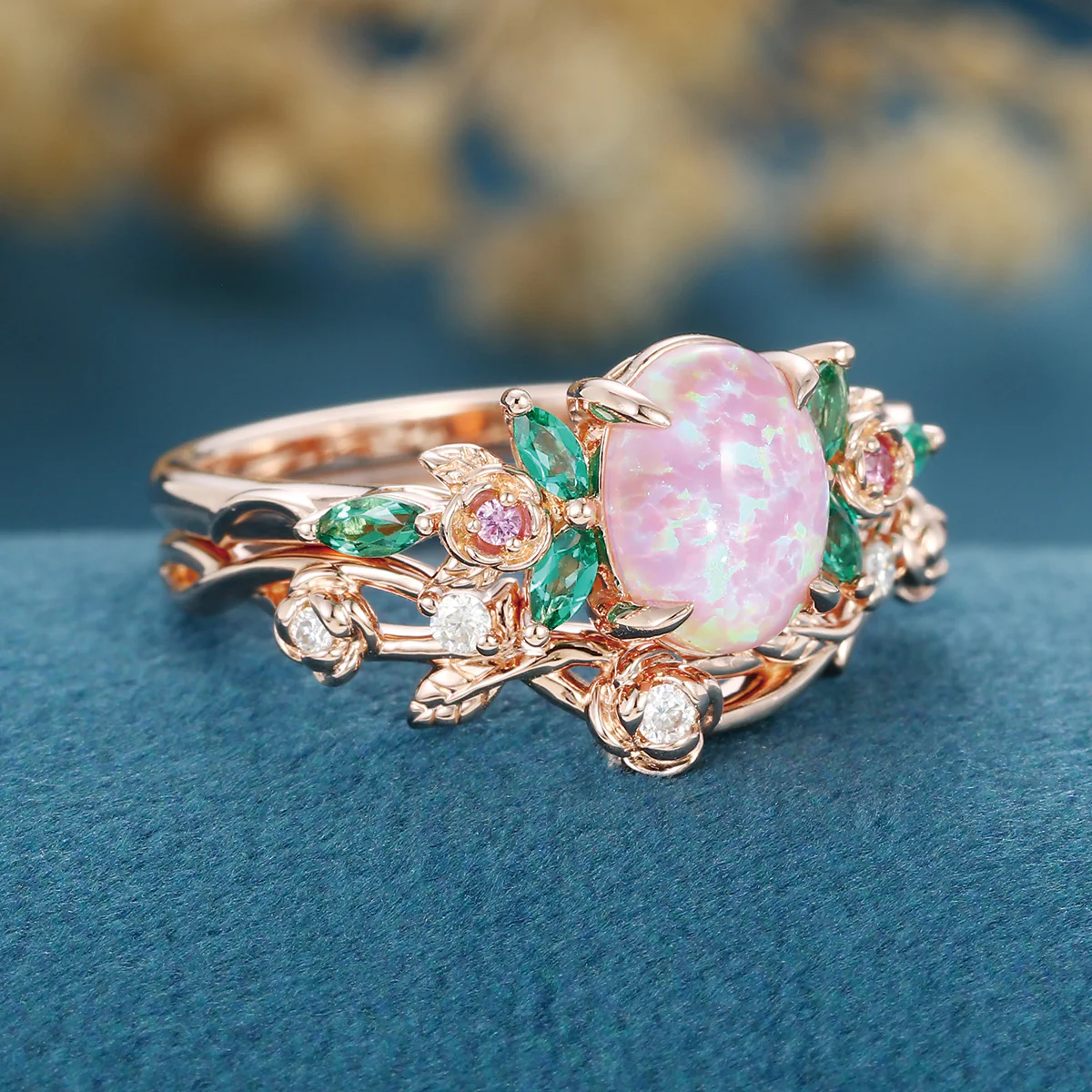 Oval cut Lab emeralds | Natural pink sapphire Curved Wedding Band Ring - Image 6