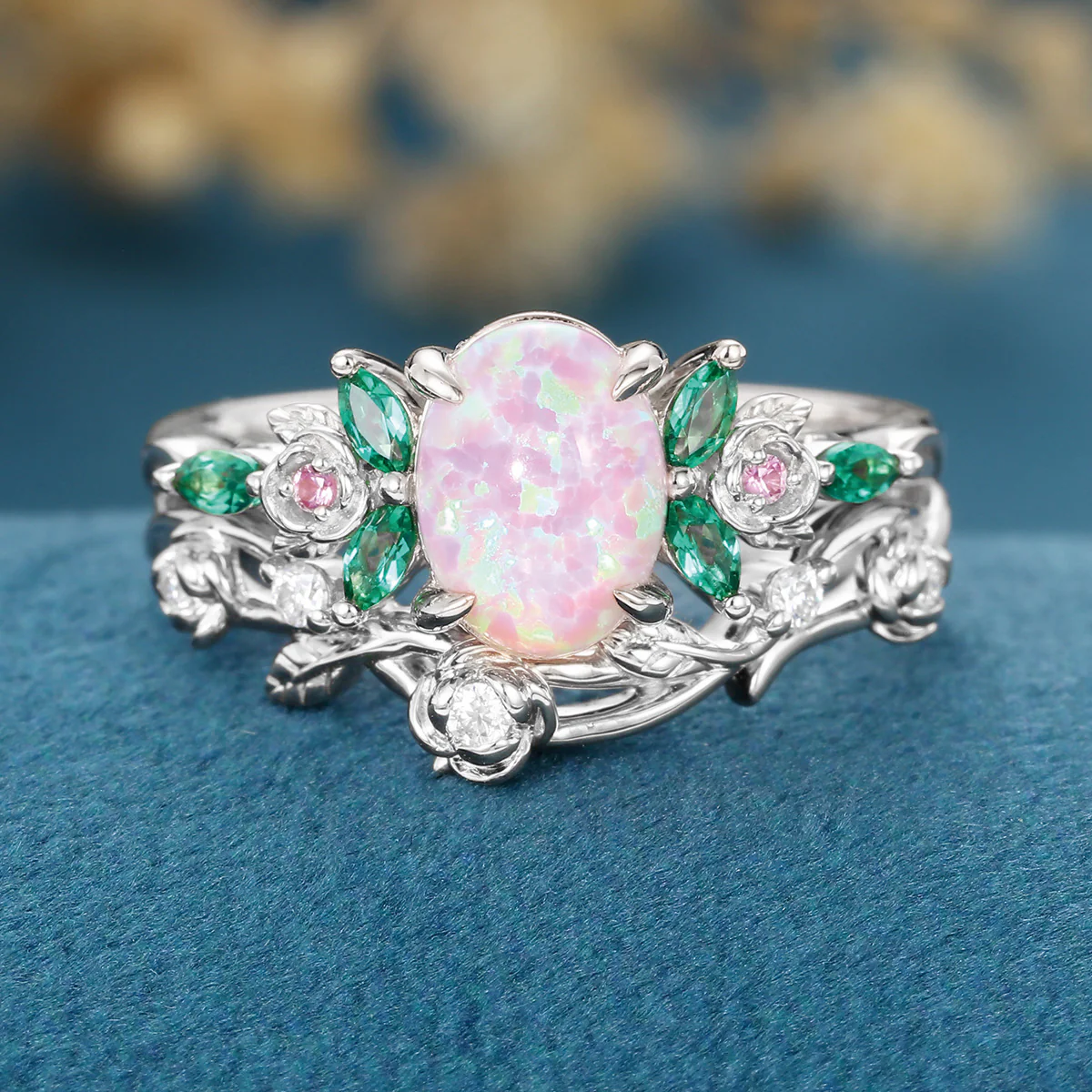 Oval cut Lab emeralds | Natural pink sapphire Curved Wedding Band Ring - Image 8