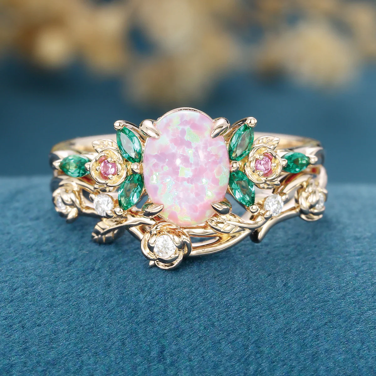 Oval cut Lab emeralds | Natural pink sapphire Curved Wedding Band Ring - Image 9