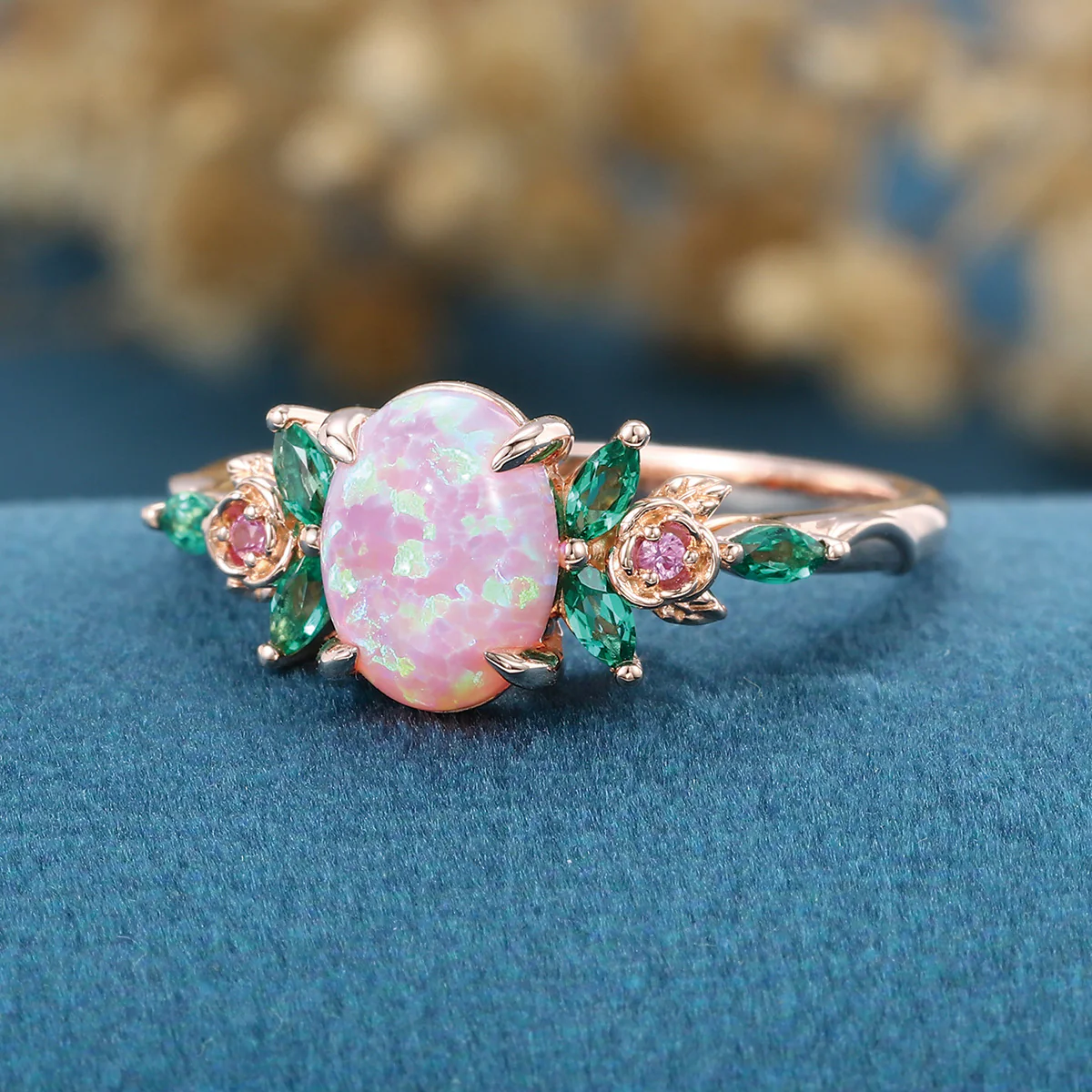 Oval cut Lab Pink Opal Matching Lab Emeralds+ Pink Sapphire Rose Gold Engagement ring - Image 6