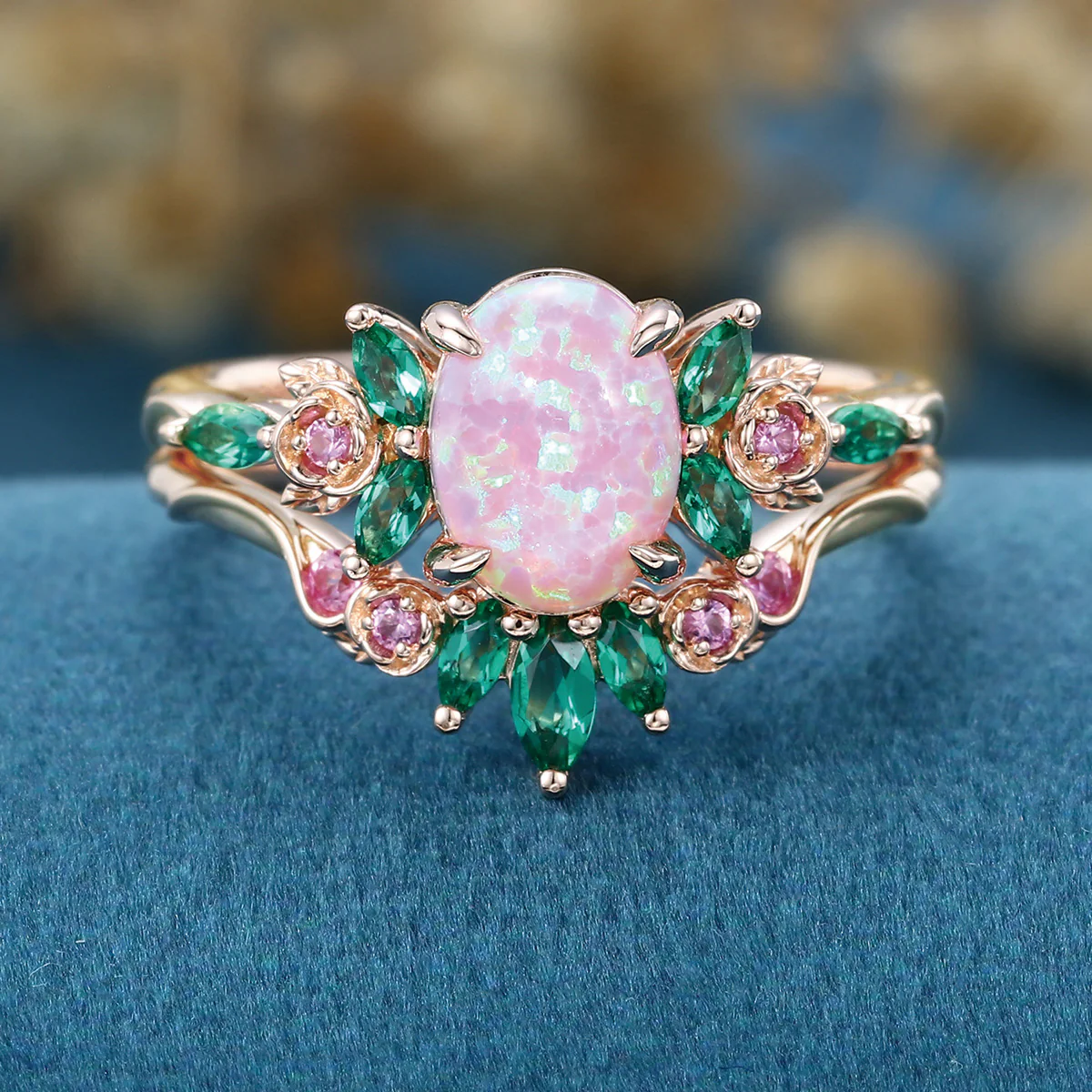 Oval cut Lab Pink Opal Rose Gold Matching Lab Grown Emerald |  Natural Pink Sapphires  Rose Gold Wedding Bridal Set - Image 10