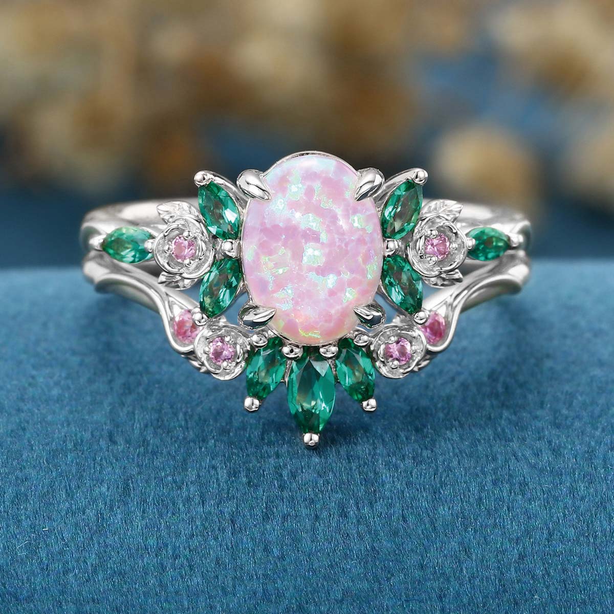 Oval cut Lab Pink Opal Rose Gold Matching Lab Grown Emerald |  Natural Pink Sapphires  Rose Gold Wedding Bridal Set - Image 11