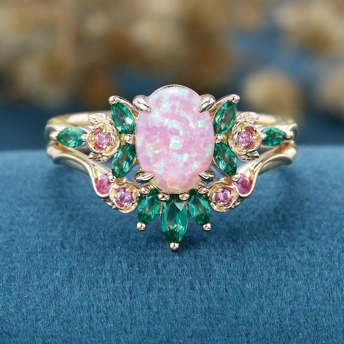 Oval cut Lab Pink Opal Rose Gold Matching Lab Grown Emerald |  Natural Pink Sapphires  Rose Gold Wedding Bridal Set - Image 12