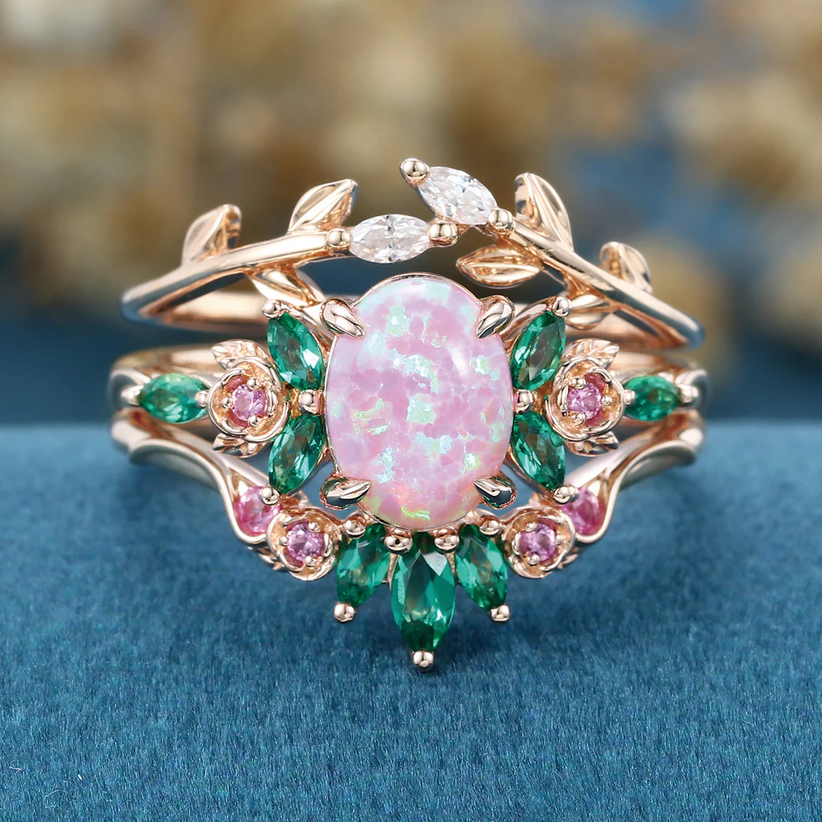 Oval cut Lab Pink Opal Rose Gold Matching Moissanite | Lab Grown Emerald |  Natural Pink Sapphires  Rose Gold Wedding Bridal Set - Image 4