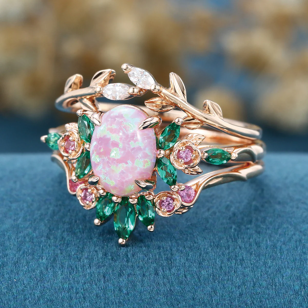 Oval cut Lab Pink Opal Rose Gold Matching Moissanite | Lab Grown Emerald |  Natural Pink Sapphires  Rose Gold Wedding Bridal Set - Image 5