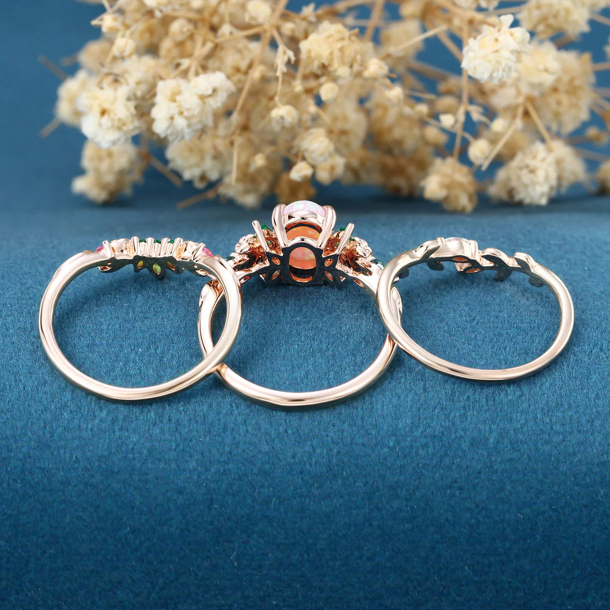 Oval cut Lab Pink Opal Rose Gold Matching Moissanite | Lab Grown Emerald |  Natural Pink Sapphires  Rose Gold Wedding Bridal Set - Image 7
