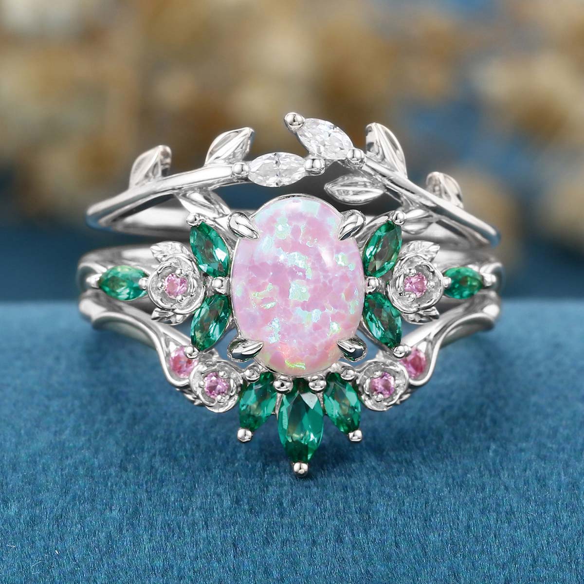 Oval cut Lab Pink Opal Rose Gold Matching Moissanite | Lab Grown Emerald |  Natural Pink Sapphires  Rose Gold Wedding Bridal Set - Image 8