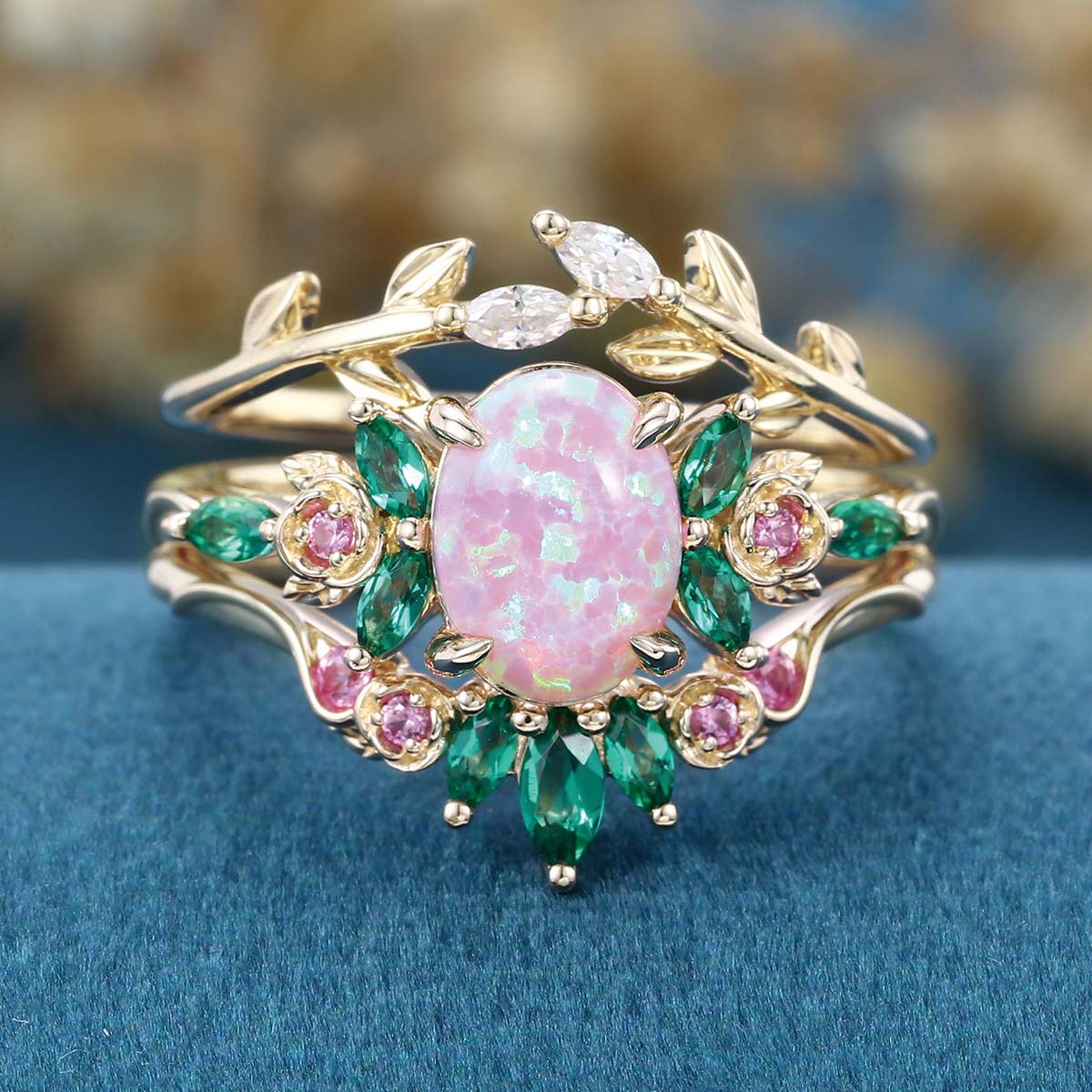 Oval cut Lab Pink Opal Rose Gold Matching Moissanite | Lab Grown Emerald |  Natural Pink Sapphires  Rose Gold Wedding Bridal Set - Image 9