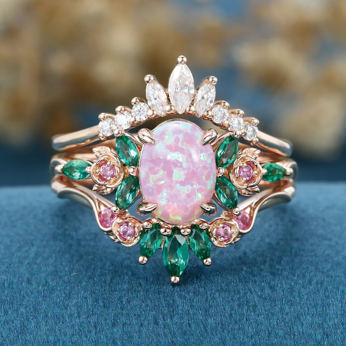Oval cut Lab Pink Opal Rose Gold Matching Moissanite | Lab Grown Emerald |  Natural Pink Sapphires  Rose Gold Wedding Bridal Set - Image 4