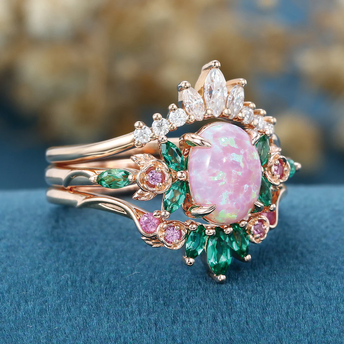 Oval cut Lab Pink Opal Rose Gold Matching Moissanite | Lab Grown Emerald |  Natural Pink Sapphires  Rose Gold Wedding Bridal Set - Image 5