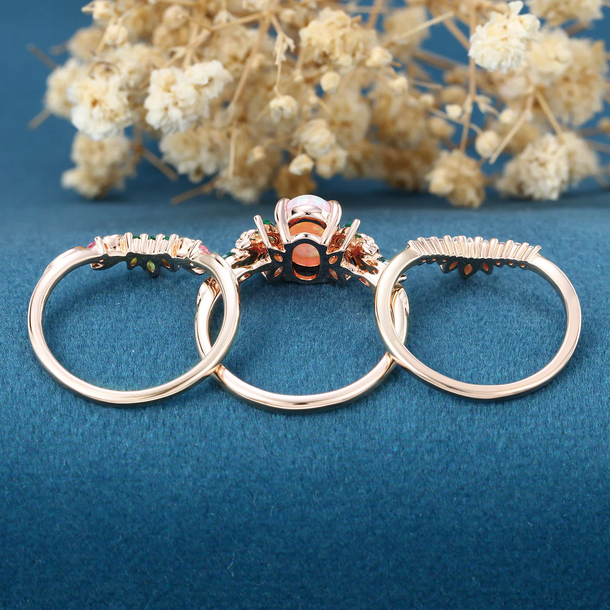 Oval cut Lab Pink Opal Rose Gold Matching Moissanite | Lab Grown Emerald |  Natural Pink Sapphires  Rose Gold Wedding Bridal Set - Image 7