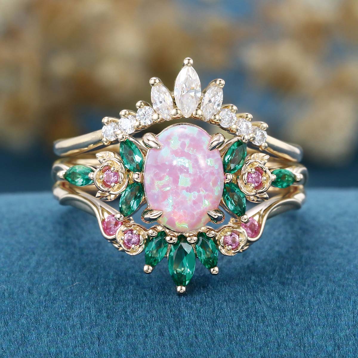 Oval cut Lab Pink Opal Rose Gold Matching Moissanite | Lab Grown Emerald |  Natural Pink Sapphires  Rose Gold Wedding Bridal Set - Image 9
