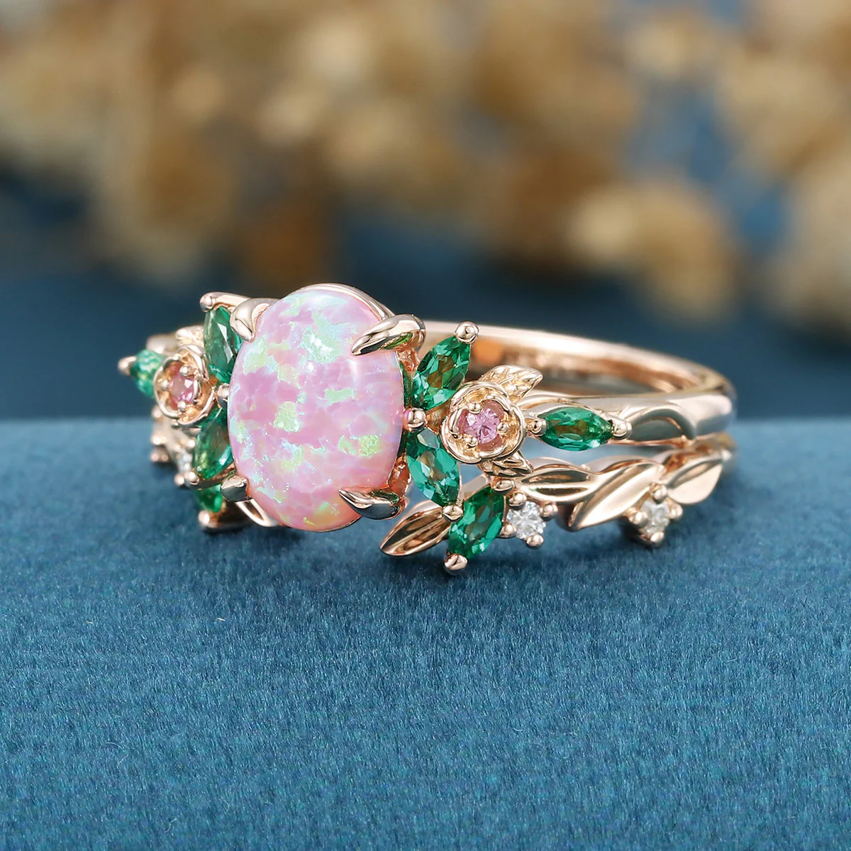 Oval cut Lab Pink Opal Rose Gold Matching Moissanite | Lab Grown Emerald Rose Gold Wedding Bridal Set - Image 6