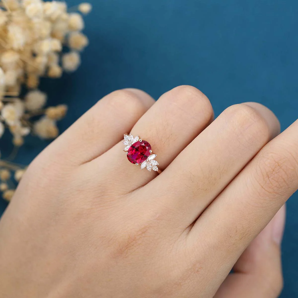 Oval cut Lab Ruby Cluster Engagement Ring - Image 2