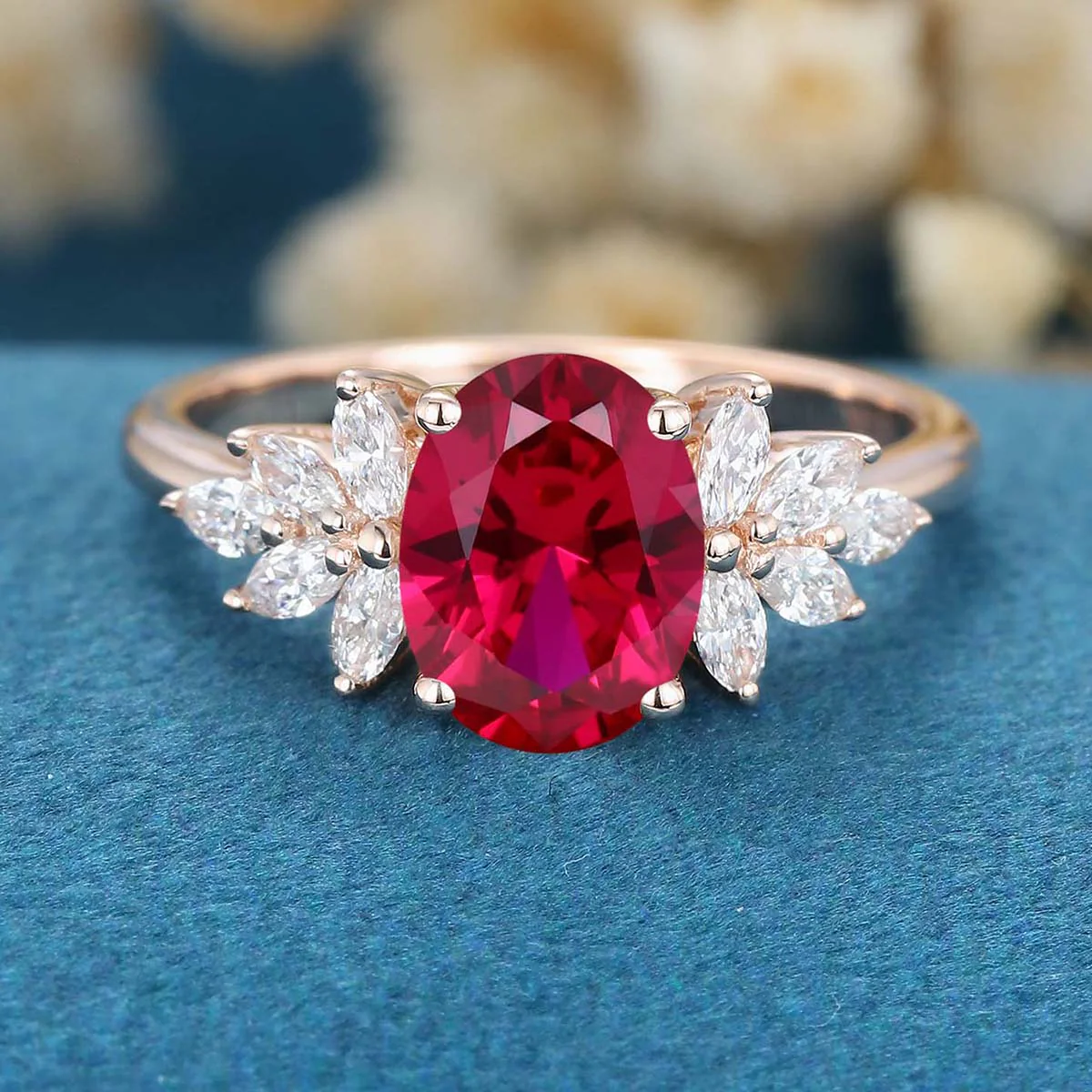Oval cut Lab Ruby Cluster Engagement Ring - Image 3