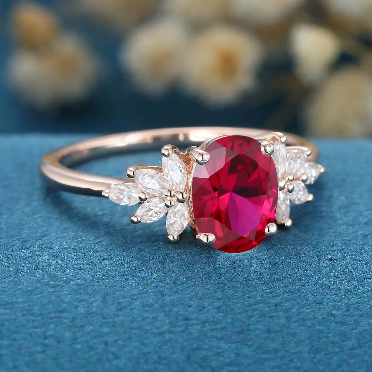 Oval cut Lab Ruby Cluster Engagement Ring - Image 4