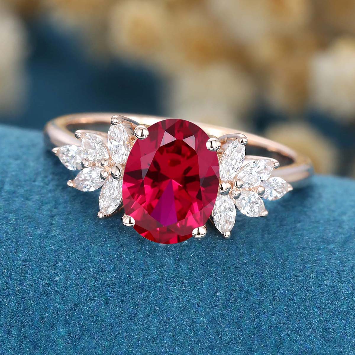 Oval cut Lab Ruby Cluster Engagement Ring - Image 5