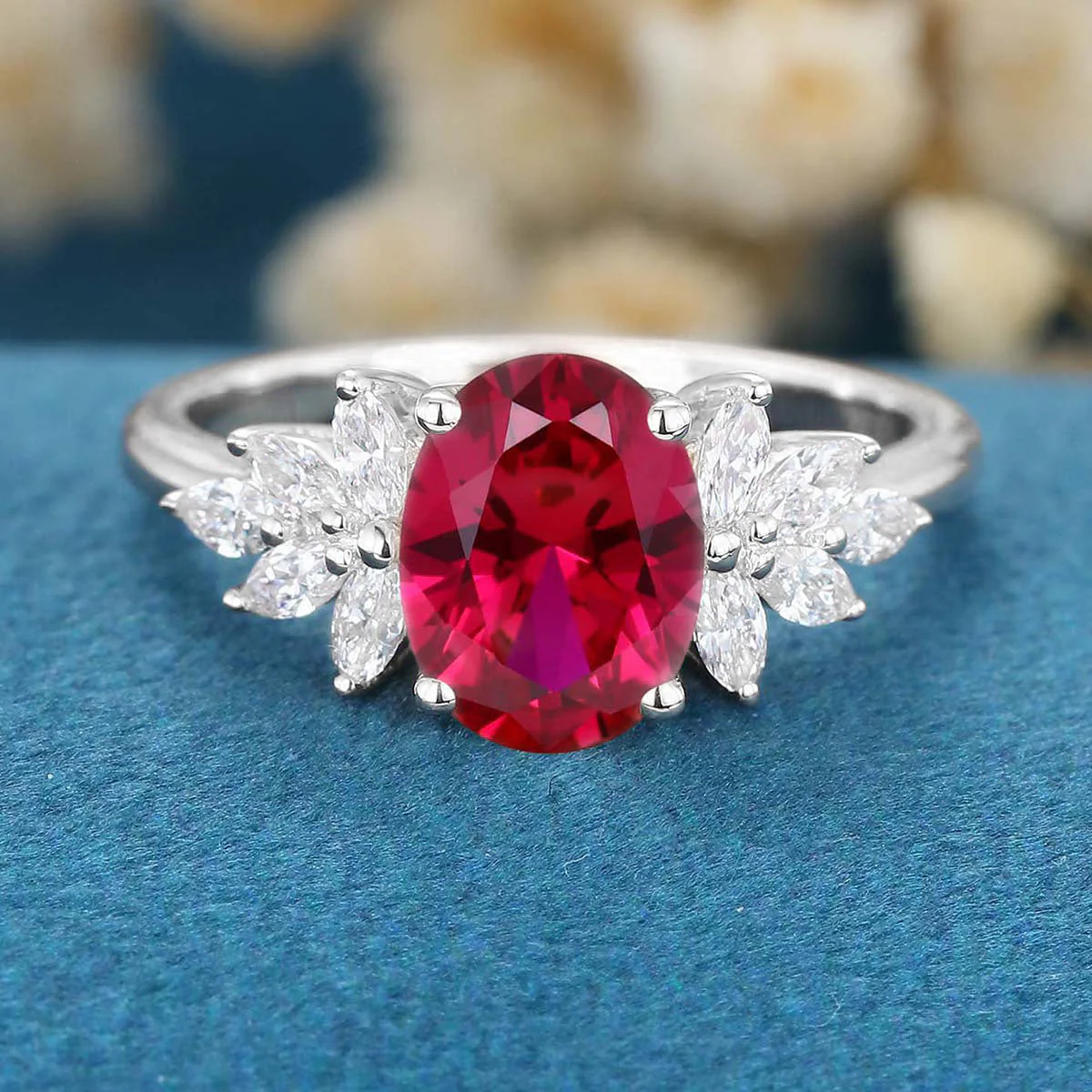 Oval cut Lab Ruby Cluster Engagement Ring - Image 6