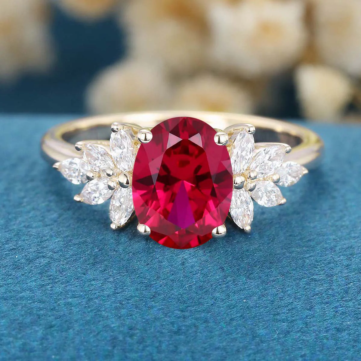 Oval cut Lab Ruby Cluster Engagement Ring - Image 7