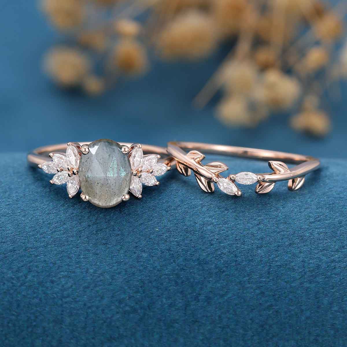 Oval cut Labradorite Cluster Engagement ring Bridal Set - Image 4