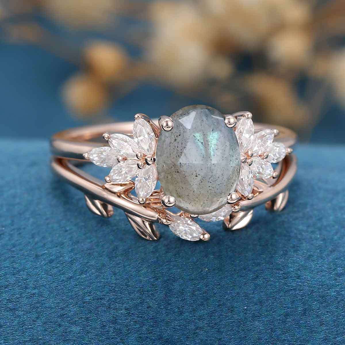 Oval cut Labradorite Cluster Engagement ring Bridal Set - Image 5