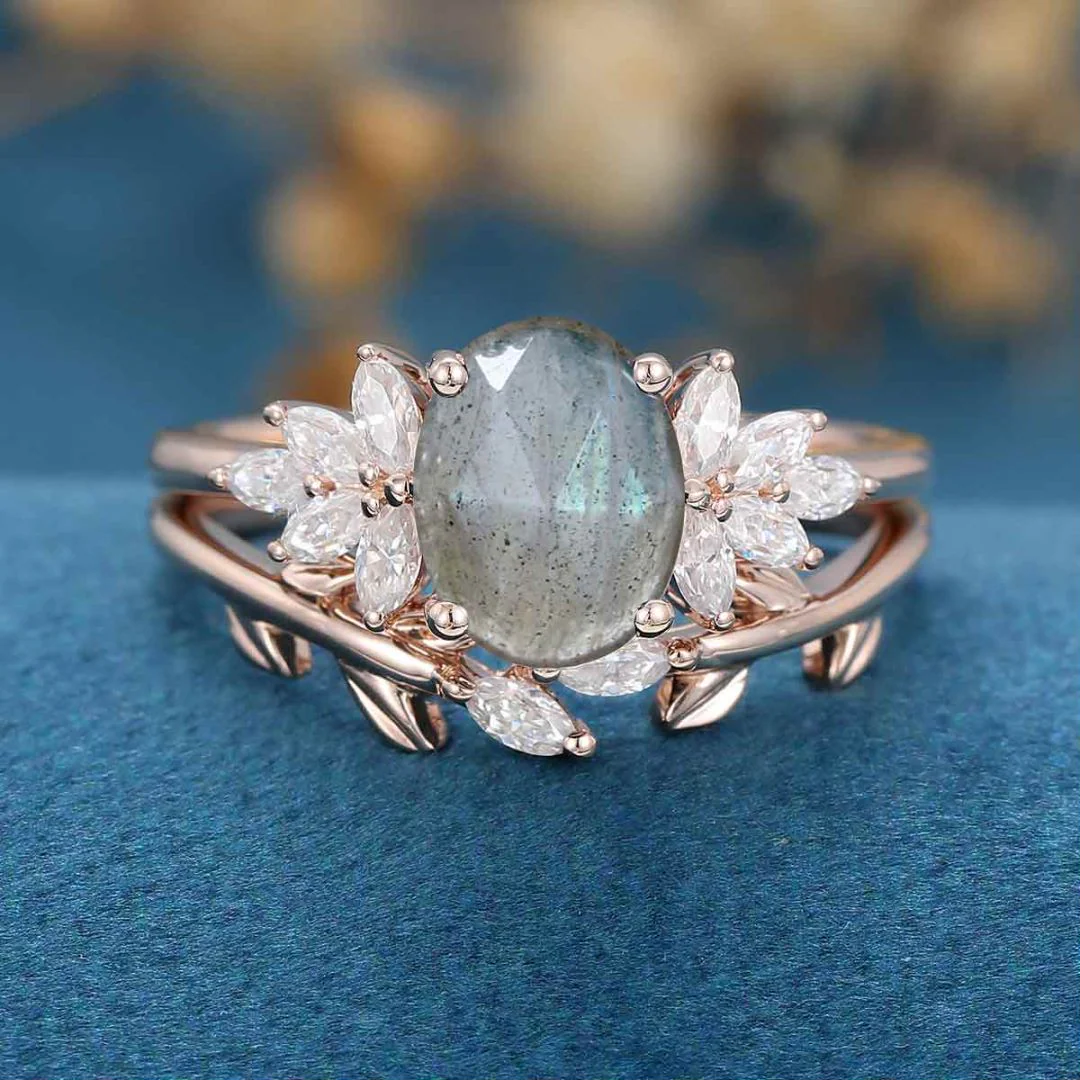 Oval cut Labradorite Cluster Engagement ring Bridal Set - Image 6