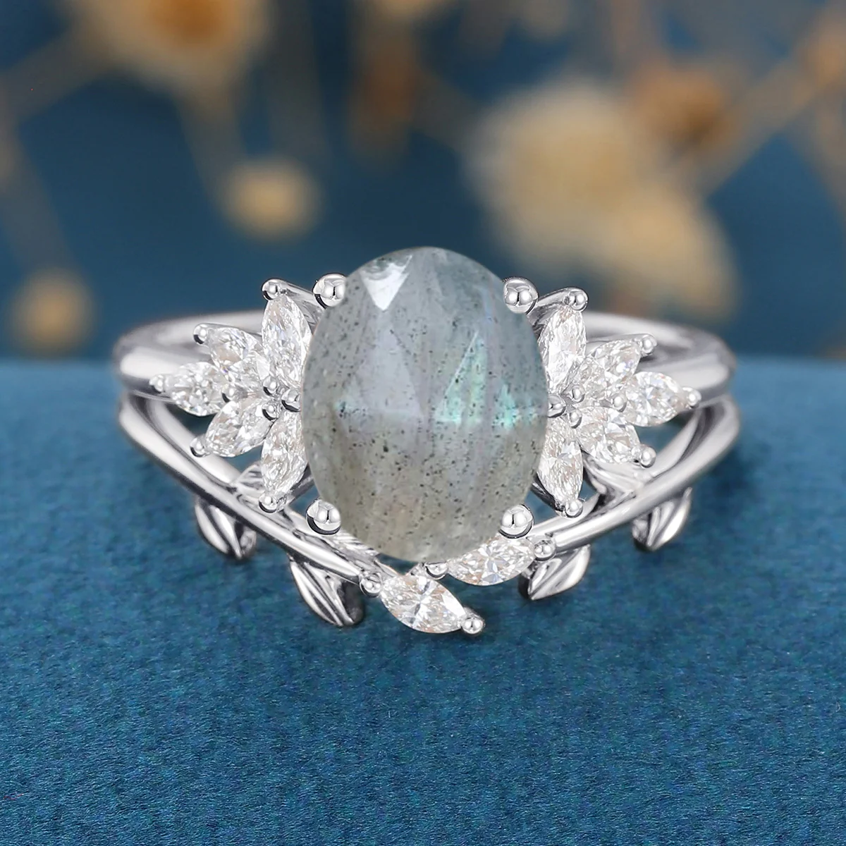 Oval cut Labradorite Cluster Engagement ring Bridal Set - Image 7